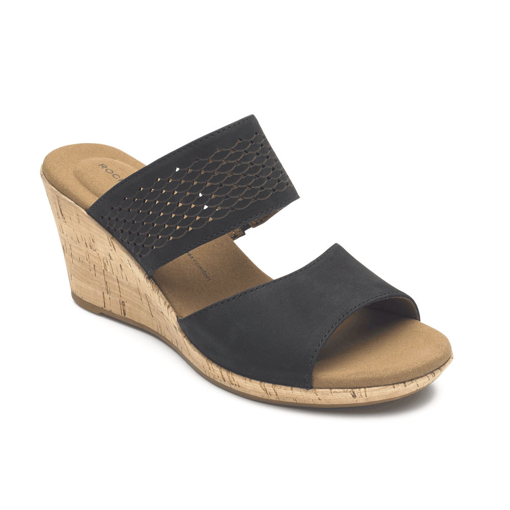 Rockport Womens Sandals Black - Briah Double Band Slip-On Wedge - UK 324-XJCBTW